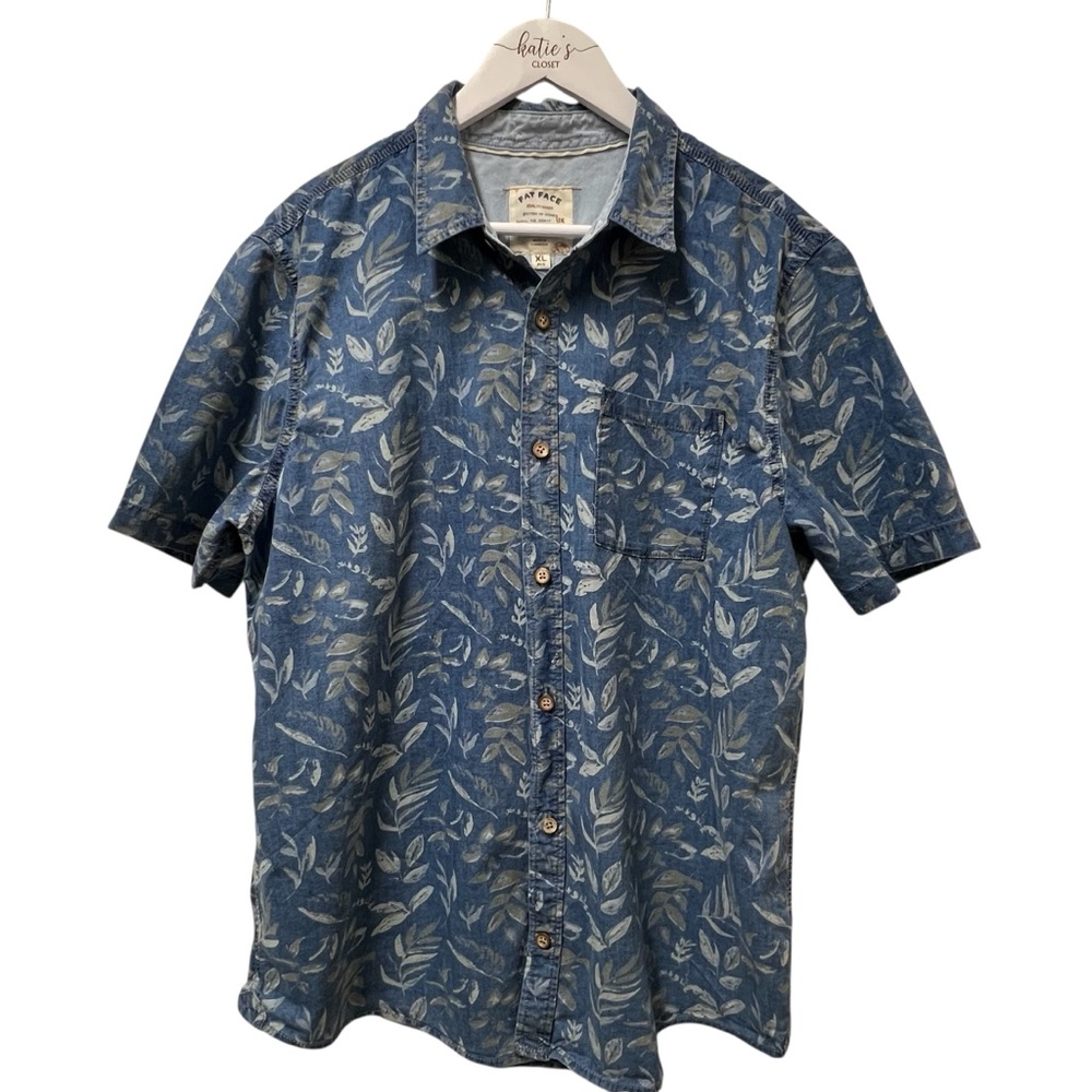 Fat Face Chambray Blue Leaf Print Short Sleeve Shirt Size XL